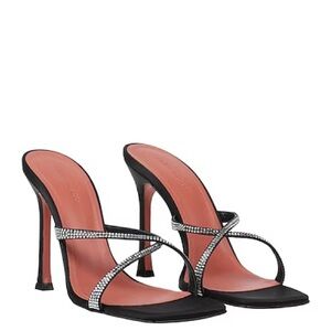 Amina Muaddi Black and Silver Strappy Heels